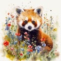 Delightful Baby Red Panda in a Colorful Flower Field for Art Prints and More.