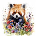 Delightful Baby Red Panda in a Colorful Flower Field for Art Prints and More.