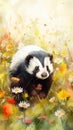Delightful Baby Skunk in a Colorful Flower Field for Art Prints and Greetings.