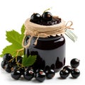 Delightful blackcurrant jam marmalade jelly preserves in a glass jar, paired with fresh blackcurrants, displayed on a clean white Royalty Free Stock Photo