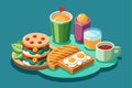 A delightful breakfast display includes two sandwiches, sunny-side-up eggs, and various refreshing drinks arranged on a bright Royalty Free Stock Photo
