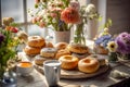 A delightful breakfast scene featuring an assortment of mouthwatering donuts, a steaming cup of coffee, fresh flowers, and the