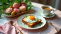 A delightful breakfast scene featuring a fried egg on toast, delicate pastries, and a cup of coffee. Generative AI Royalty Free Stock Photo