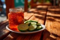 Delightful chamoy pickle and refreshing lime on a rustic wooden table Royalty Free Stock Photo