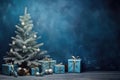 A delightful Christmas and New Year tree beautifully decorated with gifts on a serene blue background, leaving room for