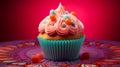 A close-up of a cupcake set against a high-definition, gradient backdrop