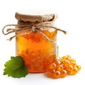 Delightful cloudberry jam marmalade jelly preserves in a glass jar, accompanied by fresh cloudberries, displayed on a clean white