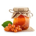 Delightful cloudberry jam marmalade jelly preserves in a glass jar, accompanied by fresh cloudberries, displayed on a clean white