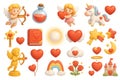 Cute 3D Valentine s Day Elements Cupids Hearts Unicorn and Rainbows Royalty Free Stock Photo