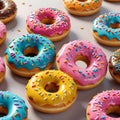 A delightful collection of donuts with different icing hues and decorations. Royalty Free Stock Photo