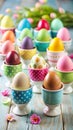Colorful Easter eggs displayed in whimsical cups for a vibrant spring celebration. Generative AI Royalty Free Stock Photo