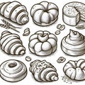 collection of baked goods, different pastries outline