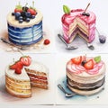 Cakes watercolor collection with pink and yellow color