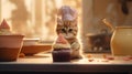 kitten in a chef hat on kitche table baking cupcake