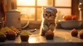 kitten in a chef hat baking cupcakes