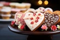 Delightful confections Heart shaped glazed cookies adorned with flower patterns on a wooden stand