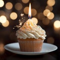 A delightful cupcake with a burn little candle