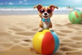 A delightful 3D cartoon dog character wearing sunglasses, enjoying a fun day at the beach while playing with plastic ball