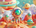 A delightful 3D illustration of adorable astronaut characters exploring a colorful, whimsical planet with floating islands and
