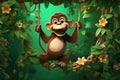 a delightful 3D illustration of a mischievous, cartoon-style monkey in a lush jungle by Generative AI