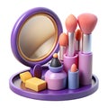 Stylized 3d render of a charming pastel makeup set on a purple tray Royalty Free Stock Photo