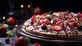 A delightful dessert pizza, a sweet, golden crust topped with chocolate, marshmallows, and sprinkles