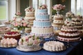 Delightful Dessert Table with Assorted Sweets tiered cakes, cream cakes and Floral Decor