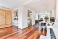 A delightful dining room with black leather chairs