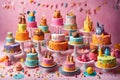 A delightful display of birthday cakes designed specifically for kids,