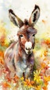 Delightful Donkey Foal in a Colorful Flower Field for Art Prints and Greeting Cards. Royalty Free Stock Photo