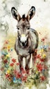 Delightful Donkey Foal in a Colorful Flower Field for Art Prints and Greetings. Royalty Free Stock Photo
