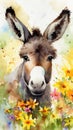 Delightful Donkey Foal in a Colorful Flower Field for Art Prints and Greetings. Royalty Free Stock Photo