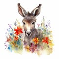 Delightful Donkey Foal in a Colorful Flower Field for Art Prints and Greetings. Royalty Free Stock Photo