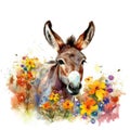Delightful Donkey Foal in a Colorful Flower Field for Art Prints and Greetings. Royalty Free Stock Photo
