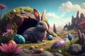 A delightful Easter bunny on a whimsical meadow with colorful Easter eggs scattered on lush green grass under a blue sky