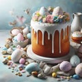 A delightful Easter cake adorned with pastel eggs and flowers, surrounded by colorful eggs and sweets, creates a festive spring Royalty Free Stock Photo