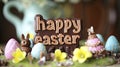 Delightful Easter Celebration with Chocolate Bunny and Decorative Eggs Amidst Spring Blossoms.