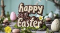 Delightful Easter Celebration with Chocolate Bunny and Decorative Eggs Amidst Spring Blossoms.