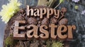 Delightful Easter Celebration with Chocolate Bunny and Decorative Eggs Amidst Spring Blossoms.