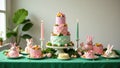 A delightful easter celebration table arrangement features a three-tiered pastel cake adorned with spring flowers and surrounded Royalty Free Stock Photo