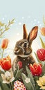 Easter Bunny Amidst Spring Tulips and Painted Eggs Royalty Free Stock Photo