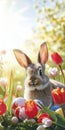 Easter Bunny Amidst Spring Tulips and Painted Eggs Royalty Free Stock Photo