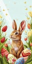 Easter Bunny Amidst Spring Tulips and Painted Eggs Royalty Free Stock Photo