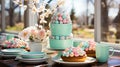 A Delightful Easter Table Presentation with Flowers, Mouthwatering Cakes, and Beautifully Ador Royalty Free Stock Photo