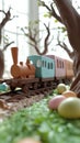 Whimsical Easter train travels through a candy-filled meadow with colorful chocolate carriages and festive decorations Royalty Free Stock Photo