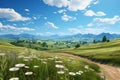 Delightful flat-style depiction, summer meadows, hilly landscape, blue sky, fluffy clouds