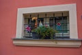 Delightful floral arrangement in front of the windows in the historical center of Prague, Czech Republic.