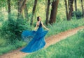 Delightful gentle dancing girl, a young beautiful princess walks along secret forest paths. lady lifts the hem of an Royalty Free Stock Photo