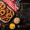 Delightful German Culinary Tradition: Sausages and Pretzels in a Flat Lay