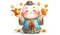 This delightful illustration captures a child dressed as the Chinese God of Wealth, cheerfully holding a golden teapot and ingot,